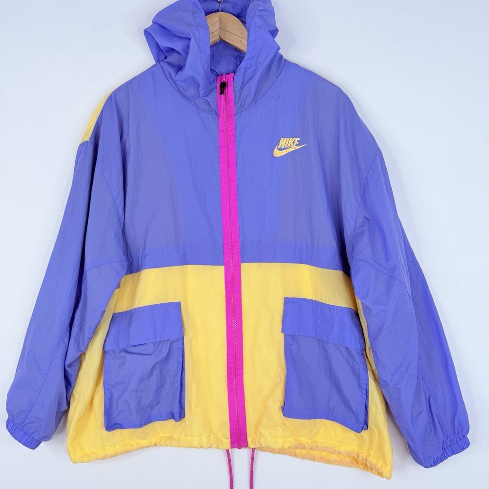 Nike Windbreaker Jacket Colorblock Purple Yellow Retro‎ Sporty Hooded SZ-Large